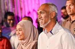 President Dr Mohamed Muizzu and First Lady Sajidha Mohamed at the campaign event held last night. -- Fayaz Moosa / Mihaaru New