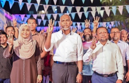 President Dr Mohamed Muizzu and First Lady Sajidha Mohamed at the campaign event held last night. -- Fayaz Moosa / Mihaaru New