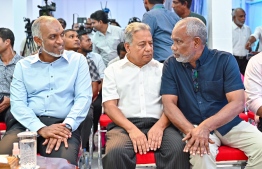 Eydhafushi MP Ahmed Saleem during a campaign event accompanied by President Mohamed Muizzu and Special Advisor to the President AbdulRaheem Abdulla -- Photo: Fayaz Moosa