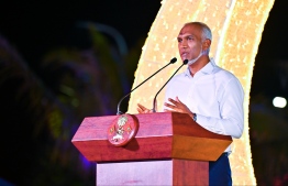 President Dr Mohamed Muizzu speaks at the inauguration of the 'Eid Ali' initiative.-- Photo: Fayaz Moosa / Mihaaru