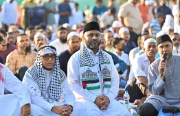 Minister of Islamic Affairs Dr Mohamed Shaheem Ali Saeed attending this morning's Eid prayer.-- Photo: Nishan Ali / Mihaaru