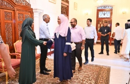 President Dr Muizzu and First Lady Sajida greet Minister of Social and Family Development Dr Aishath Shiham, Minister of Homeland Security and Technology Ali Ihusan and Minister of Economic Development and Trade Mohamed Saeed.-- Photo: President's Office