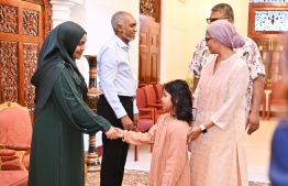 President Dr Muizzu and First Lady Sajida greet Minister of Higher Education Labour and Skills Development Dr Maryam Mariya and Family.-- Photo: President's Office