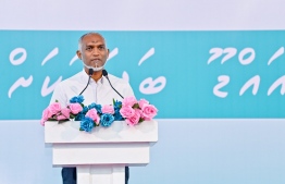 President Dr Mohamed Muizzu speaking at the campaign event held in Addu City Hithadhoo for the upcoming parliamentary elections 2024.