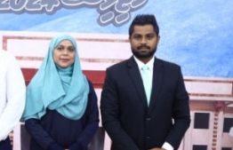 Democrats candidate for the Guraidhoo Constituency, Leela Ibrahim Manik with the PNC candidate, Hanaan Mohamed Rasheed (Hantte)