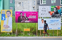 Campaign posters for parliamentary elections affixed across streets in the Male region. --  Photo: Fayaz Moosa / Mihaaru News