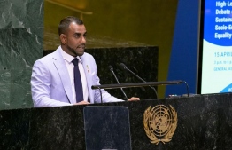 Minister of Tourism and Infrastructure, Ibrahim Faisal speaking at the UN convention. -- Photo: Tourism Ministry