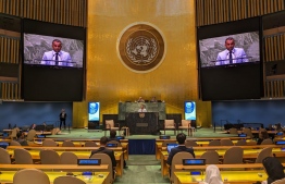Minister of Tourism and Infrastructure, Ibrahim Faisal speaking at the UN convention. -- Photo: Tourism Ministry