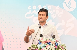 Vice President Hussain Mohamed latheef speaking during the campaign rally for President Dr. Muizzu's sister, Fathimath Saudha who is contesting the Faafu atoll Nilandhoo constituency -- Photo: Nishan Ali