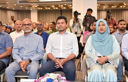 Vice President Hussain Mohamed Latheef takes part in the campaign rally for Fathimath Saudha who is contesting the Faafu atoll Nilandhoo constituency -- Photo: Nishan Ali