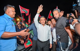 Former president Abdulla Yameen greets his supporters after the High Court overturns his 11 year prison sentence -- Photo: Fayaz Moosa