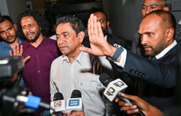 Former president Abdulla Yameen speaks to the press after the High Court overturns his 11 year prison sentence -- Photo: Fayaz Moosa
