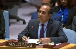 Principal Secretary to the President on Foreign Relations, Mohamed Naseer speaking at the UNSC's quarterly open debate on the situation of the Middle East on Thursday. -- Photo: Foreign Ministry
