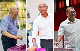 Former President, Maumoon Abdul Gayoom, former President, Ibrahim Mohamed Solih and former President Mohamed Nasheed casting their votes at the parliamentary elections. --