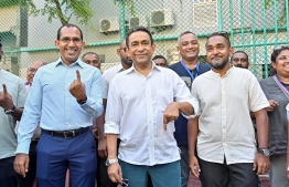Former President Abdulla Yameen after casting his vote in the parliamentary election -- Photo: Nishan Ali / Mihaaru