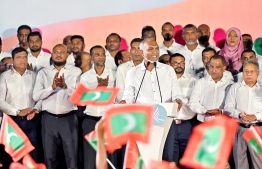 President Dr Mohamed Muizzu speaks at the ceremony to celebrate the election of PNC candidates in the parliamentary elections --Photo: Nishan Ali