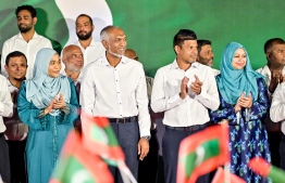 President Mohamed Muizzu, First Lady Sajidha Mohamed, Vice President Hussain Mohamed Latheef and his wife Aishath Afreen attend the ceremony held to celebrate the overwhelming victory of the ruling PNC candidates in the parliamentary elections. -- Photo: Nishan Ali | Mihaaru