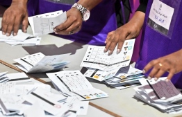 Election Officials counting ballots during the parliamentary polls held on Sunday. -- Photo: Nishan Ali / Mihaaru News