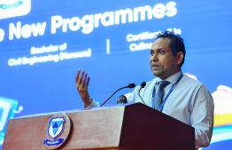 Vice Rector of Villa College, Ali Najeeb speaking at the ceremony held by Villa College yesterday. -- Photo: Nishan Ali / Mihaaru News