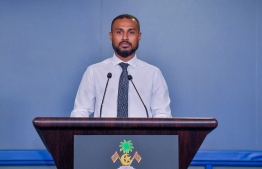 Managing Director of the Fenaka Corporation Limited , Muaz Mohamed Rasheed speaking at the Press Conference held at the President's Office yesterday.