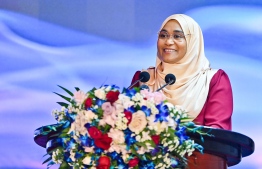 First Lady, Sajidha Mohamed speaking at the ceremony held at Iskandhar Koshi to inaugurate the second term of the Maldives Women in Policing Committee. -- Photo: President's Office