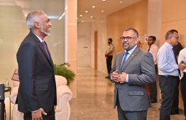 Minister of Foreign Affairs, Moosa Zameer and President Dr Mohamed Muizzu in discussion.