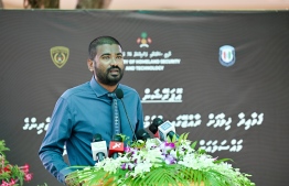 President of Himmafushi Island Council speaking at the inauguration ceremony held in Kaafu atoll Himmafushi to launch the fingerprint and photograph collection campaign proceeded under the name 'Kurangi'. -- Photo: Nishan Ali / Mihaaru News