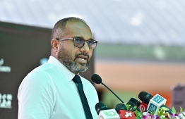 Minister of Homeland Security and Technology, Ali Ihusaan speaking at the inauguration ceremony held in Kaafu atoll Himmafushi to launch the fingerprint and photograph collection campaign proceeded under the name "Kurangi". -- Photo: Nishan Ali / Mihaaru News
