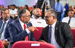 Minister at the President's Office for Strategic Communications, Ibrahim Khaleel (R) with Minister at the President's Office for Presidential Affairs, Ali Arif. -- Photo: Mihaaru News
