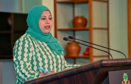 Heena Waleed speaking at the press conference held at the President's Office yesterday. -- Photo: President's Office