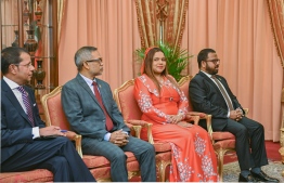 Newly appointed Permanent Representative to the United Nations (PMNY), Dr Ali Naseer Mohamed, Ambassadors to China, Dr Fazeel Najeeb, High Commissioner to the United Kingdom, Iruthisham Adam and Ambassador to the United Arab Emirates (UAE), Mohamed Hussain Shareef (L-R) at the ceremony held on Tuesday to present letters to the appointees assuming the roles of ambassadors and high commissioners of seven countries and permanent representatives to the United Nations (PMNY) and the United Nations Office in Geneva. -- Photo: President's Office