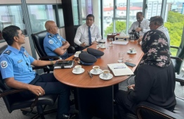 Home Minister Ihusaan, Transport Minister Ameen and Deputy Commissioner of Police Faruhad during a discussion held with other officials of the institutions about the issues surrounding taxi queue at VIA