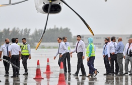 Minister of Transport and Civil Aviation Mohamed Ameen and Minister of Cities, Local Governance and Public Works Adam Shareef Umar attending the ceremony held at Velana International Airport on Wednesday to commemorate the addition of the new aircraft to Maldivian airline's fleet -- Photo: Nishan Ali / Mihaaru News