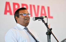 Managing Director of Maldivian's parent company Island Aviation Ibrahim Iyas speaking the ceremony held at Velana International Airport on Wednesday to commemorate the addition of the new aircraft to Maldivian airline's fleet -- Photo: Nishan Ali / Mihaaru News
