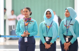 Crew of the Maldivian airline attending the ceremony held at Velana International Airport on Wednesday to commemorate the addition of the fourth ATR aircraft to the Maldivian airline's fleet -- Photo: Nishan Ali / Mihaaru News