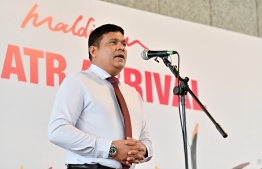 Minister of Transport and Civil Aviation Mohamed Ameen speaking the ceremony held at Velana International Airport on Wednesday to commemorate the addition of the new aircraft to Maldivian airline's fleet: He declared that this is that is another achievement in expanding the airline's services-- Photo: Nishan Ali / Mihaaru News