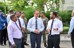 Ministers Dr Abdulla Muthhalib, Ghassan Maumoon and Adam Shareef attended the ceremony to inaugurate the flood remedy initiative in Malé City -- Photo: Mihaaru