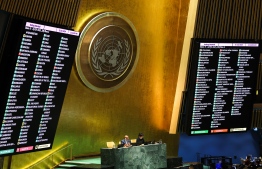 Vote being taken on the resolution at UNGA yesterday.-- Photo: AFP