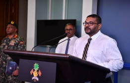 Minister of Defence Mohamed Ghassan Maumoon speaking in today's press conference.-- Photo: President's Office