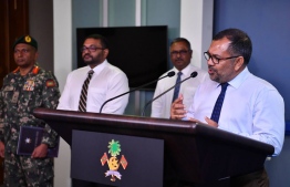 Minister of Foreign Affairs Moosa Zameer speaking at today's press conference.-- Photo: President's Office