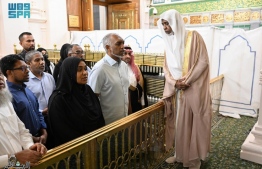 President Dr Mohamed Muizzu and First Lady, Sajidha Mohamed at the Masjid al-Nabawi today.