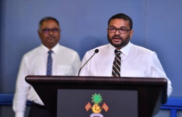 Defence Minister Mohamed Ghassan Maumoon speaking to press yesterday.-- Photo: President's Office
