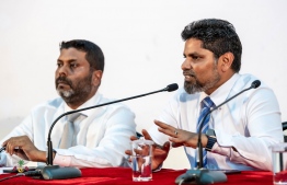 Commissioner of Sports, Mohamed Tholal (R) speaking at the press conference held on Tuesday with Minister of Sports, Fitness and Recreation, Abdulla Rafiu sitting beside him (L). -- Photo: Sports Ministry