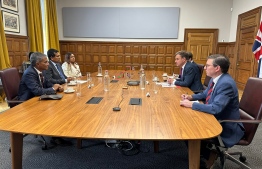 Maldives' Minister of Economic Development and Trade, Mohamed Saeed convening with UK's Minister of State for Trade Policy, Greg Hands and senior officials of the UK Trade Ministry. -- Photo: Economic Ministry