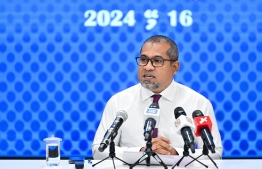 Health Minister Dr Abdulla Khaleel at yesterday's press conference.-- Photo: Nishan Ali / Mihaaru