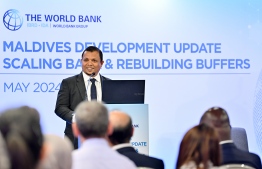Minister of Finance, Dr Mohamed Shafeeq speaking at the ceremony held yesterday to launch the World Bank Maldives Development Update 2024. -- Photo: Nishan Ali / Mihaaru News