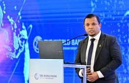 Minister of Finance, Dr Mohamed Shafeeq speaking at the ceremony held yesterday to launch the World Bank Maldives Development Update 2024. -- Photo: Nishan Ali / Mihaaru News