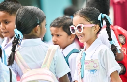 Students of Kaamil Didi Primary School in Hulhumale' Phase 2 attend the first day of the new academic year -- Photo: Fayaz Moosa