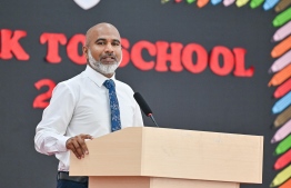 Minister of Education Dr Ismail Shafeeu speaks during an assembly at Salahuddin School today -- Photo: Fayaz Moosa