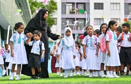 Students of Kaamil Didi Primary School operated by the State in Hulhumale' Phase 2 attending the first day of school today. -- Photo: Fayaz Moosa / Mihaaru New